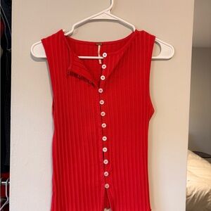 Free People Red Ribbed Button-Front Tank